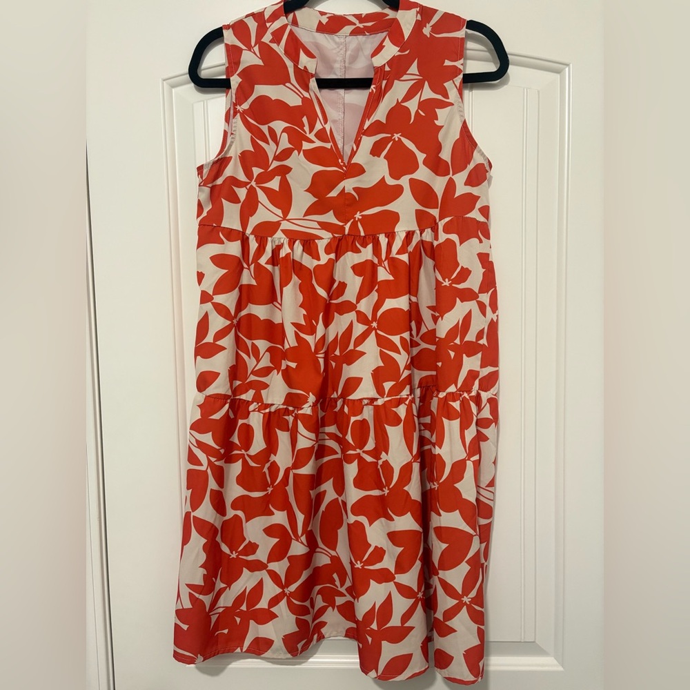 SHEIN orange and Cream Leaf Pattern Midi Dress